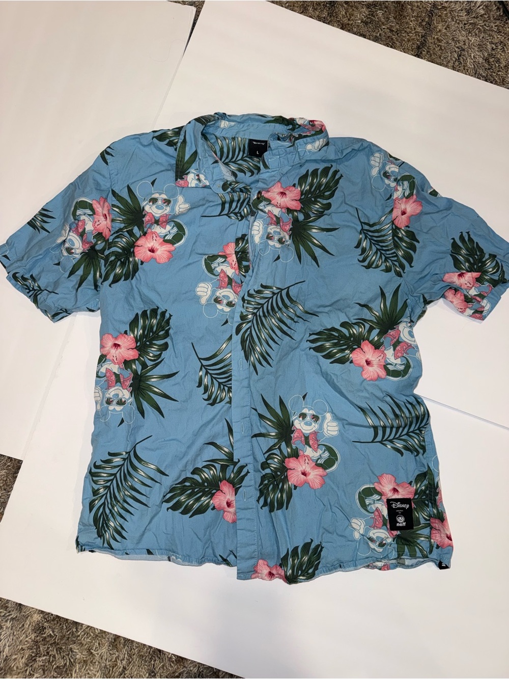 Disney Light Blue Tropical Floral Camp Shirt with Pink Flowers
